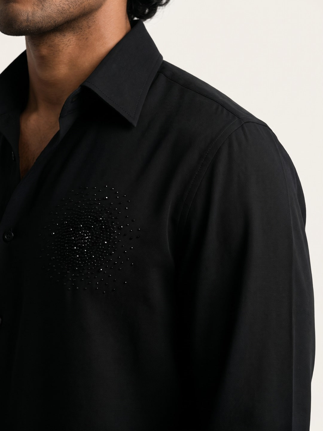 Black Indonesian-Popstar Slim Fit Shirt with Radial Starburst Hand Work