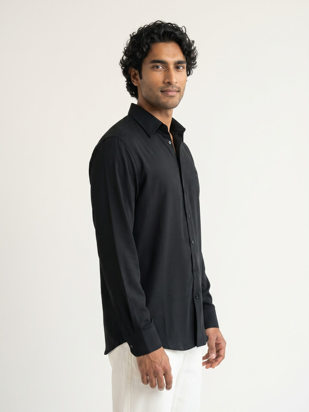 Black Indonesian-Popstar Slim Fit Shirt with Radial Starburst Hand Work