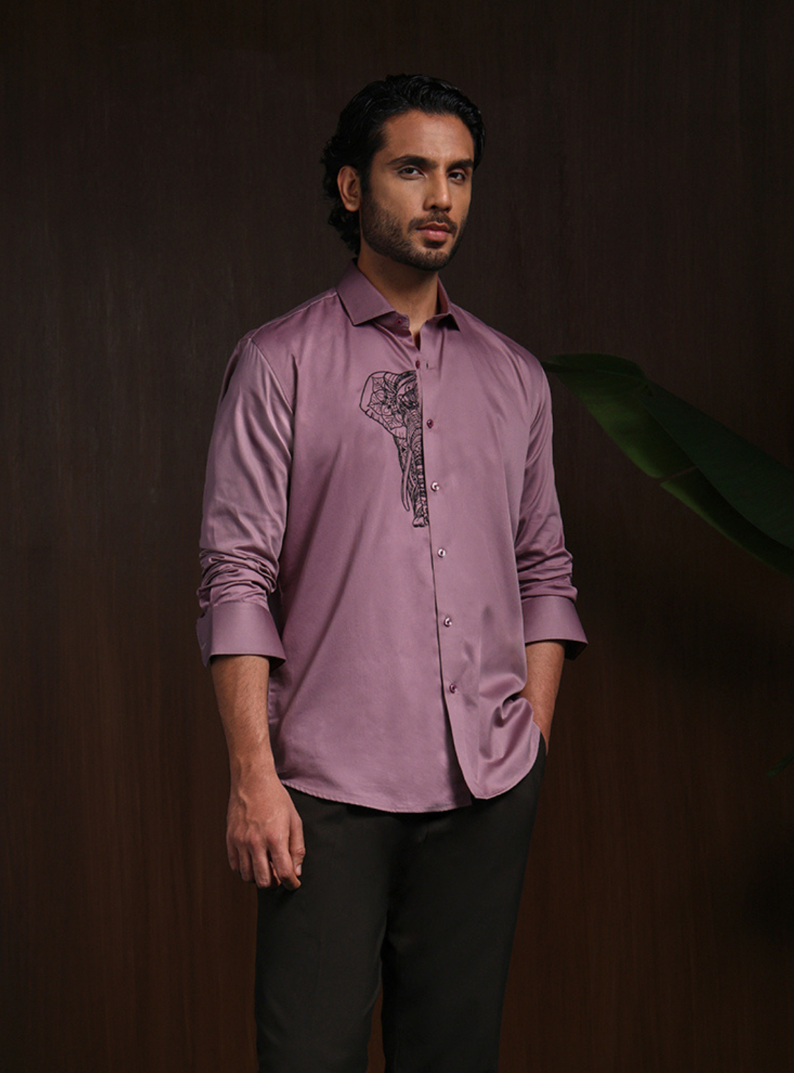 Dark Onion Slim Fit Cotton Shirt with Elegant Embroidery Accents