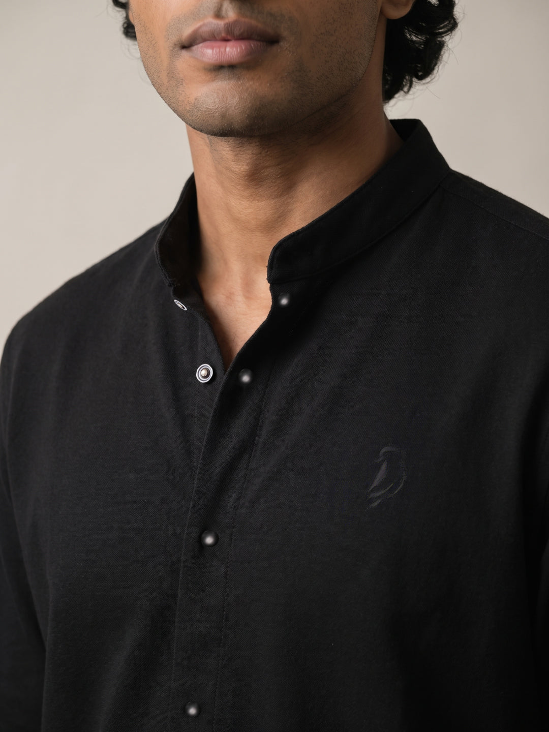 Black Japanese-Boomariyo Slim Fit Shirt with Chinese Collar, Plain/Embroidery