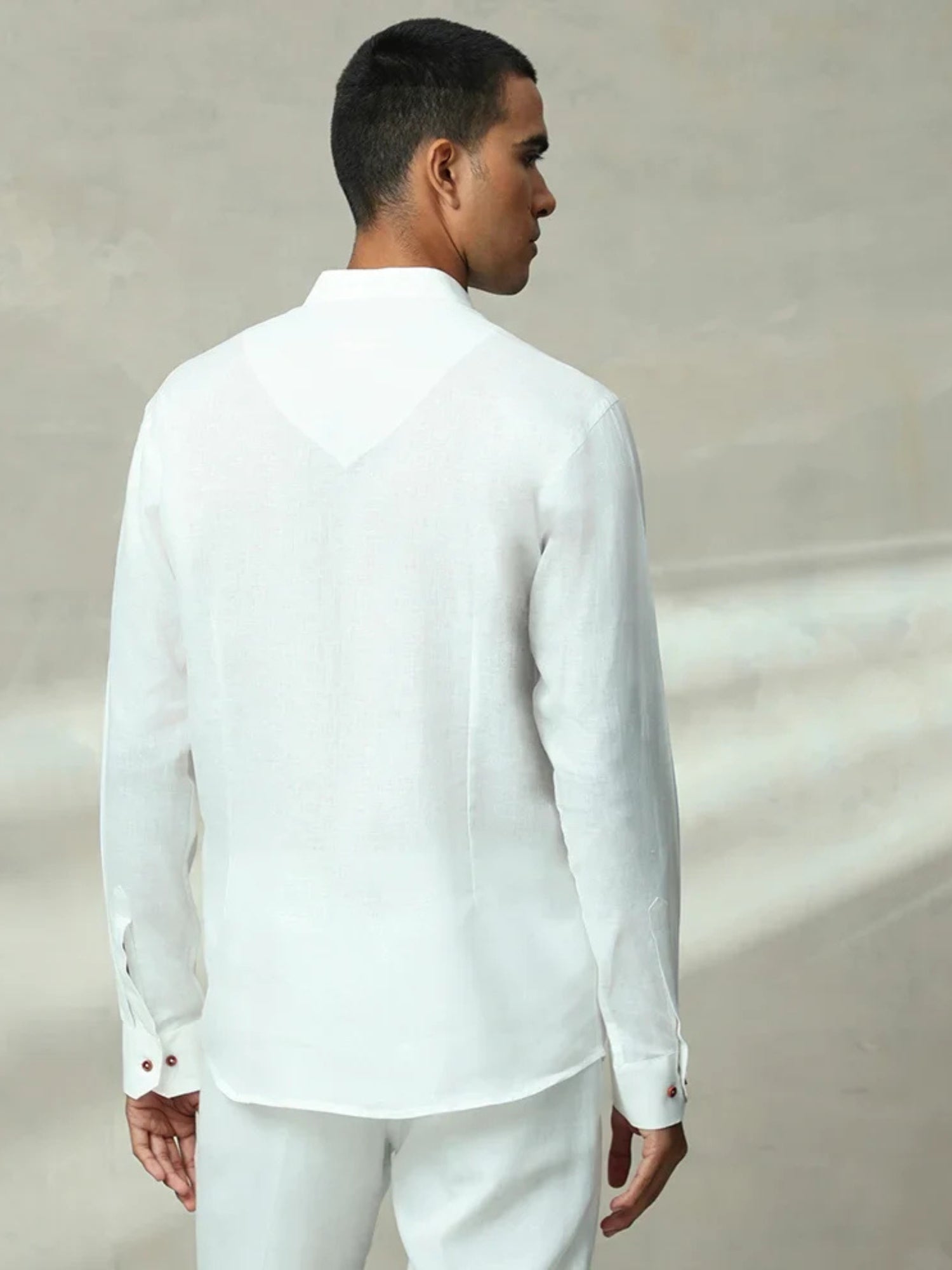 White Plain Chinese Collar Linen Slim Fit Shirt