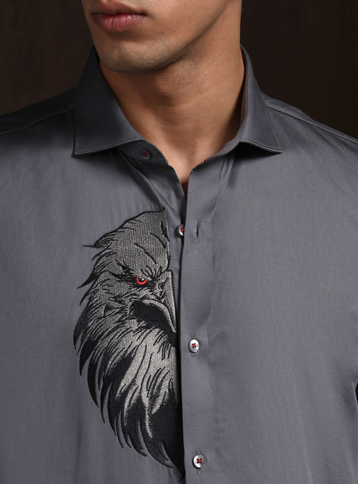 Dark Grey Slim Fit Cotton Shirt with Sophisticated Embroidery