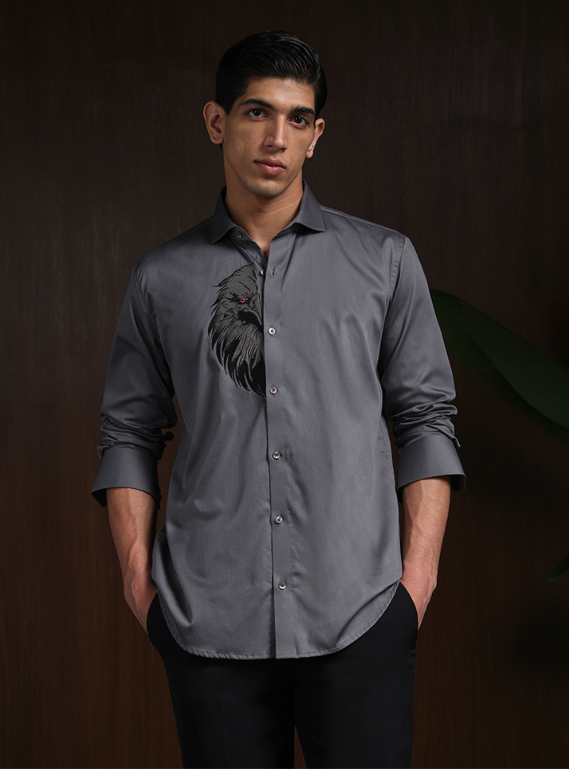 Dark Grey Slim Fit Cotton Shirt with Sophisticated Embroidery