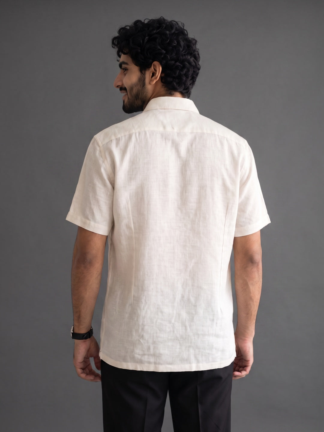 Beige Linen Regular Fit Half-Sleeve Shirt with Hand & Machine Work
