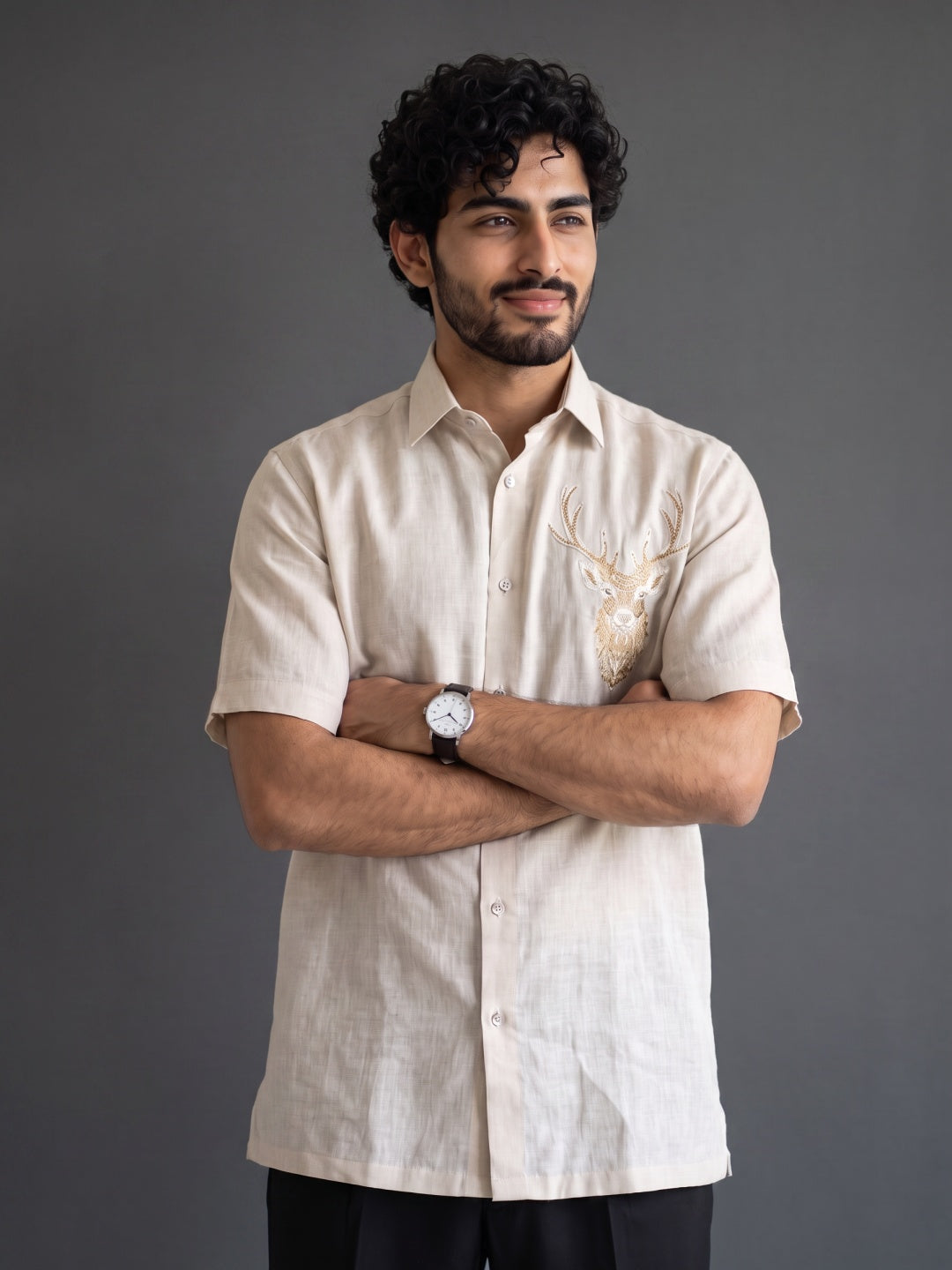 Beige Linen Regular Fit Half-Sleeve Shirt with Hand & Machine Work