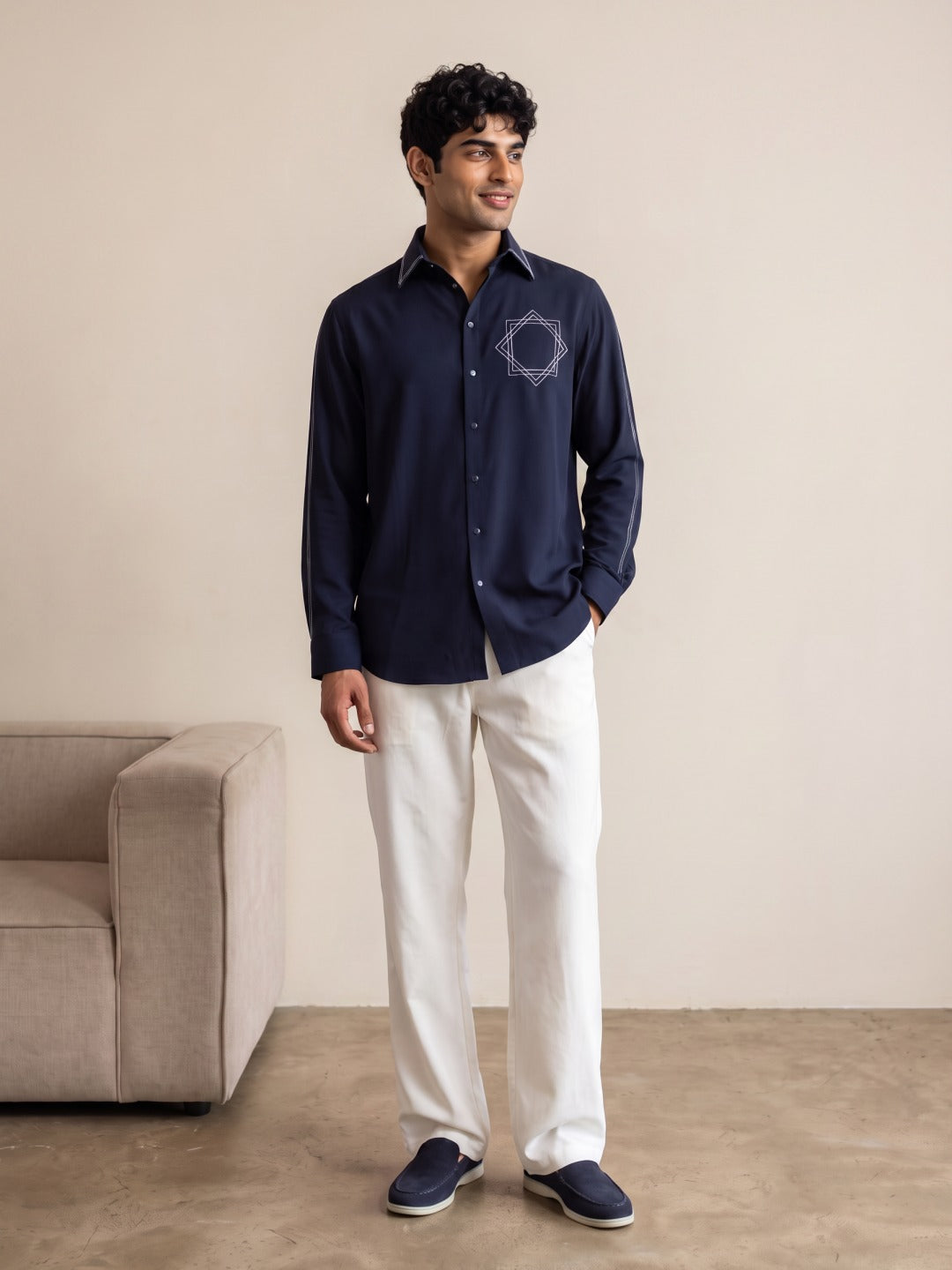 Navy Japanese-Boomariyo Slim Fit Cut & Sew Shirt with Geometric Star Embroidery