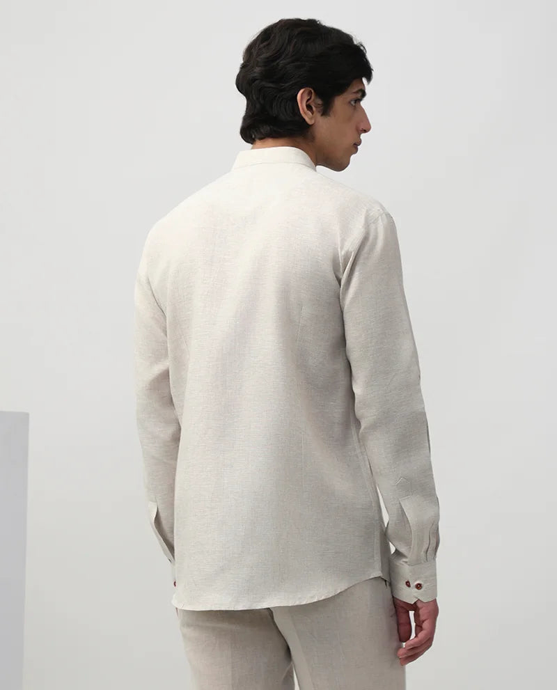 Natural Plain Linen Men's Premium Chinese Collar Branded Shirt