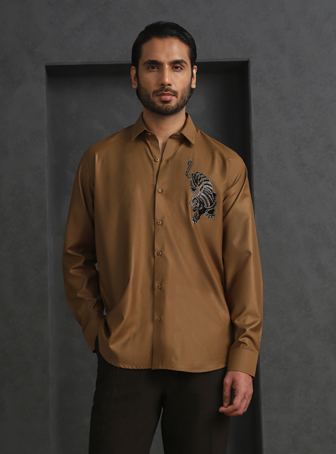 Light Brown Slim Fit Terry Rayon Shirt with Elegant Embroidery