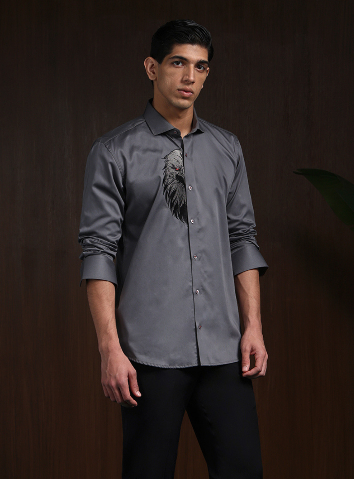 Dark Grey Slim Fit Cotton Shirt with Sophisticated Embroidery