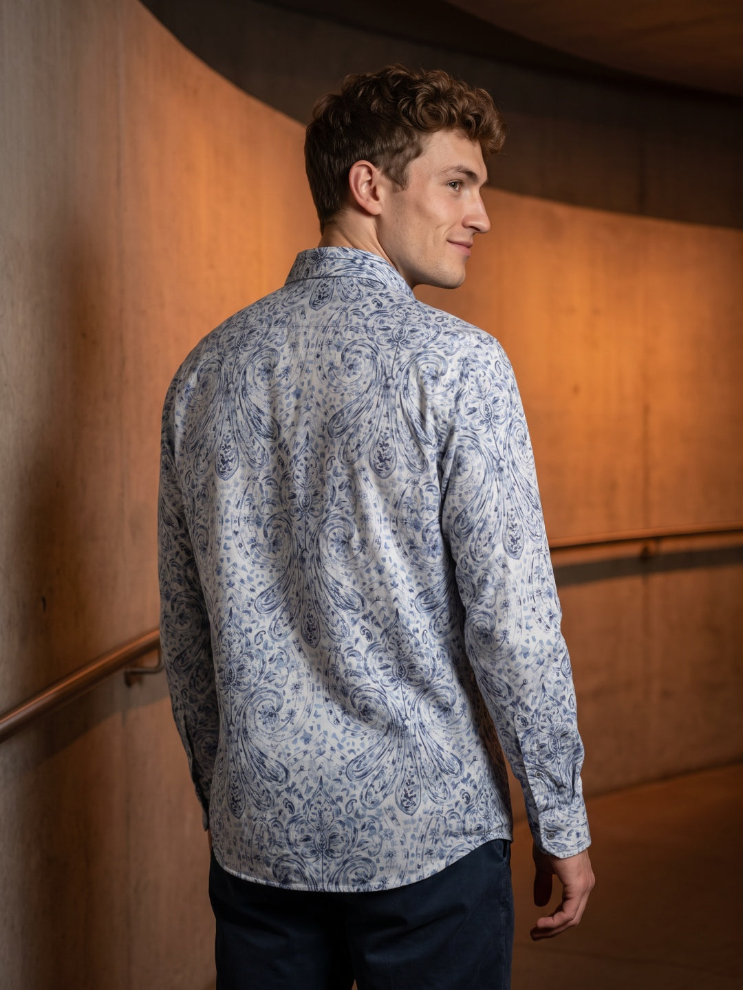 Sky Blue Tencel Slim Fit Printed Shirt