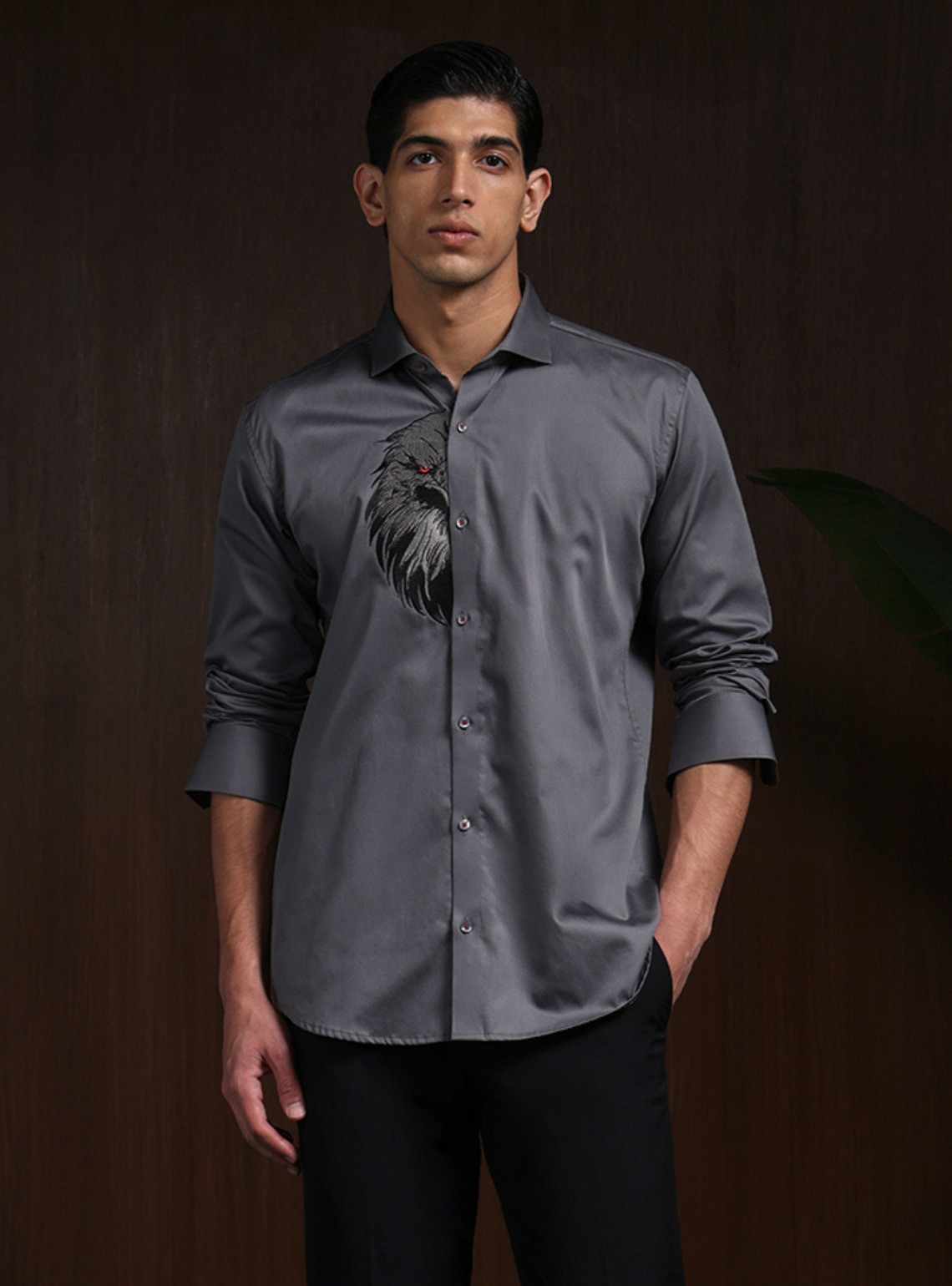 Dark Grey Slim Fit Cotton Shirt with Sophisticated Embroidery