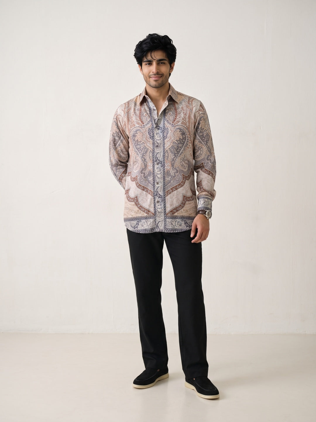 Beige Vintage Paisley Printed Tencel Slim Fit Shirt