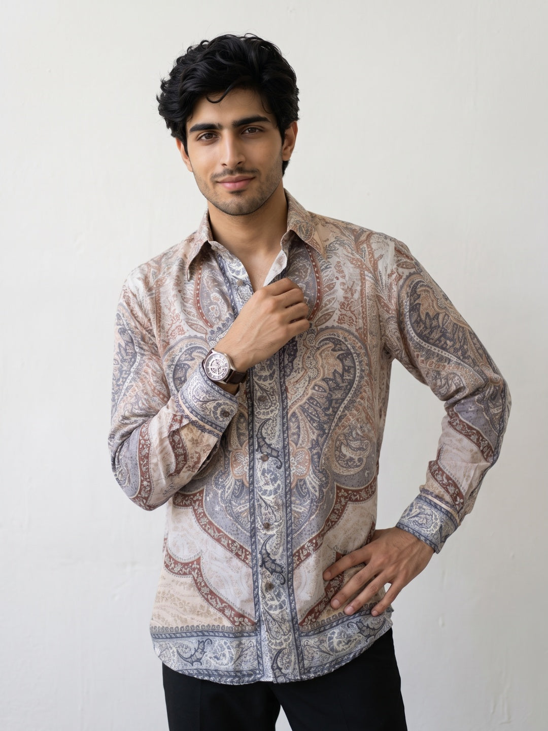 Beige Vintage Paisley Printed Tencel Slim Fit Shirt