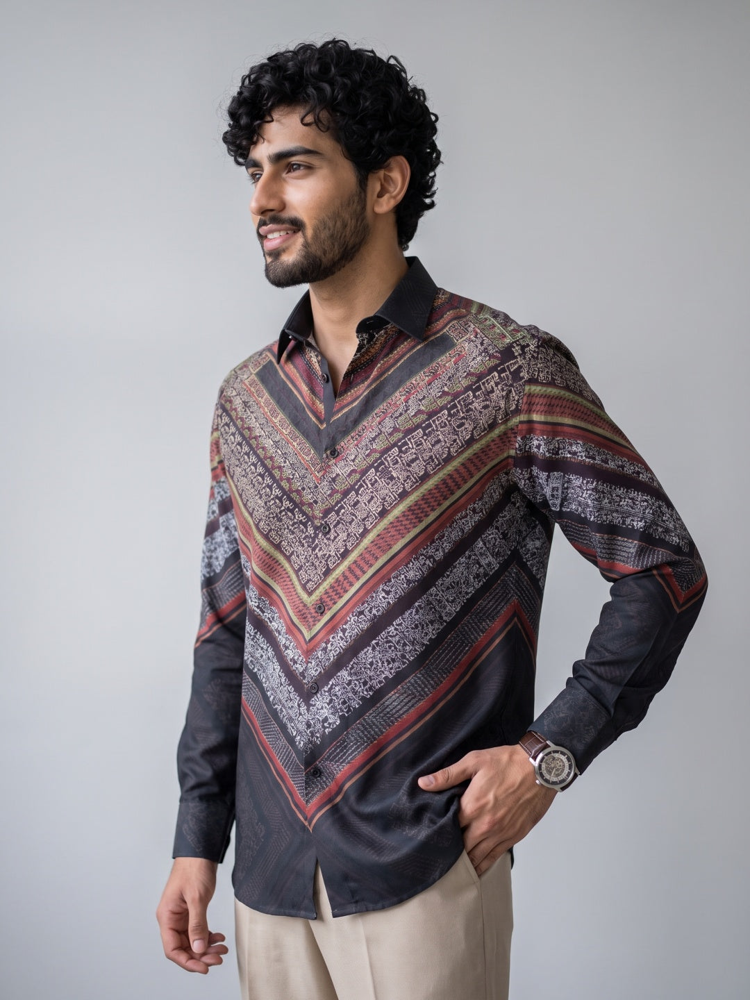 Multicolour Chevron Tribal Printed Tencel Slim Fit Shirt