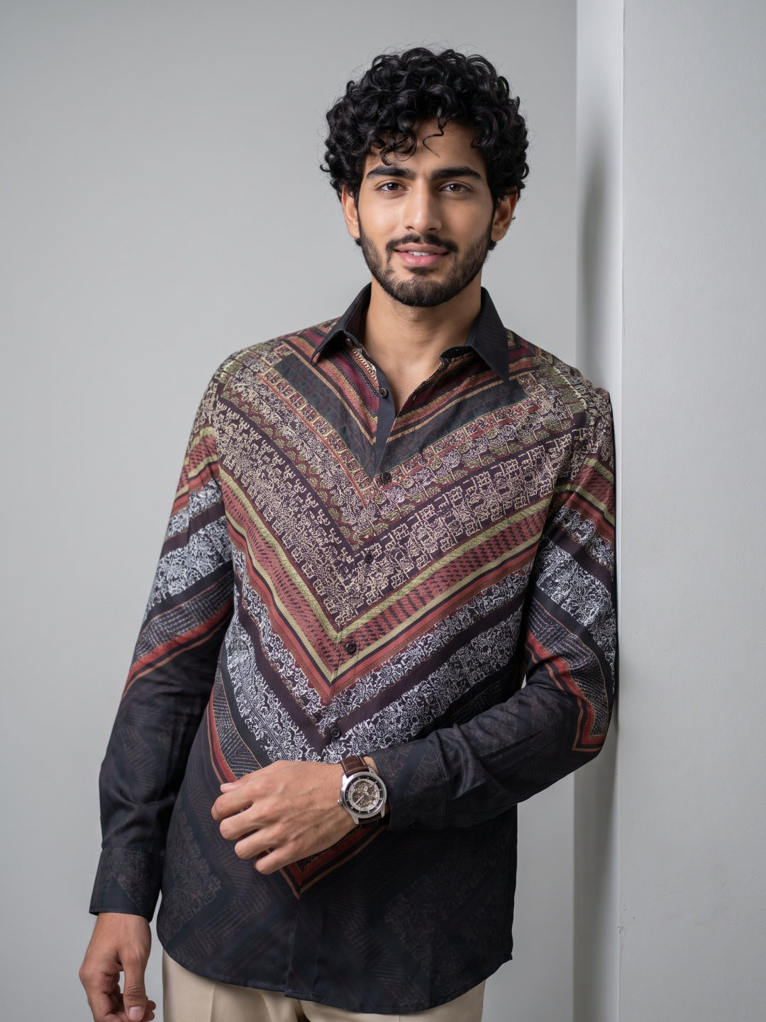 Multicolour Chevron Tribal Printed Tencel Slim Fit Shirt