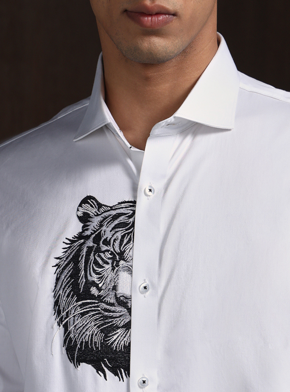 White Slim Fit Cotton Shirt with Refined Embroidery Detailing