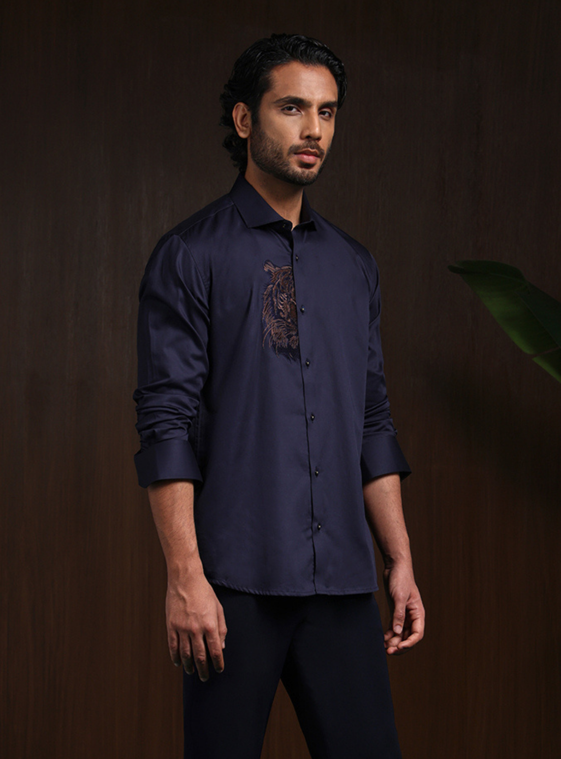 Navy Blue Motif Embroidered Premium Cotton Slim Fit Shirt