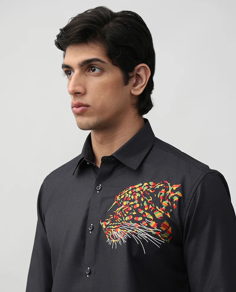 Buy Dark Grey Embroidered Cotton Luxury Shirt | Embroidered Men Shirts Buy Dark Grey Embroidered Cotton Luxury Shirt | Embroidered Men Shirts