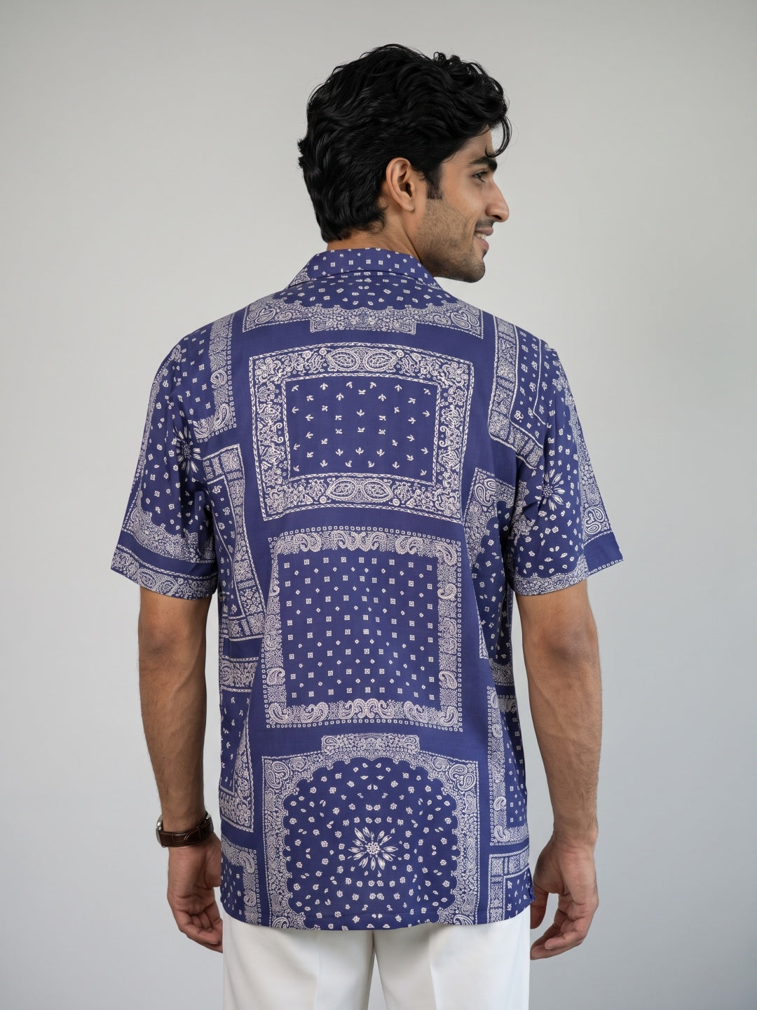 Royal Blue Bandana Printed Tencel Cuban Collar Shirt