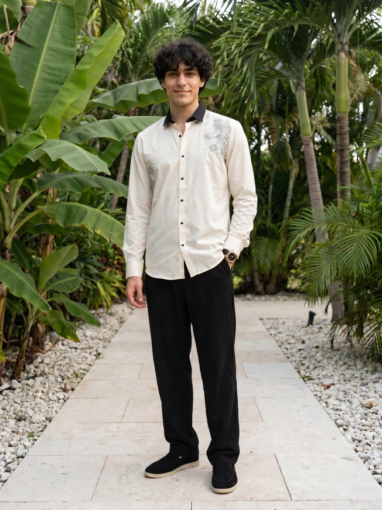 White Premium Floral Embroidered Cotton Slim Fit Shirt For Men