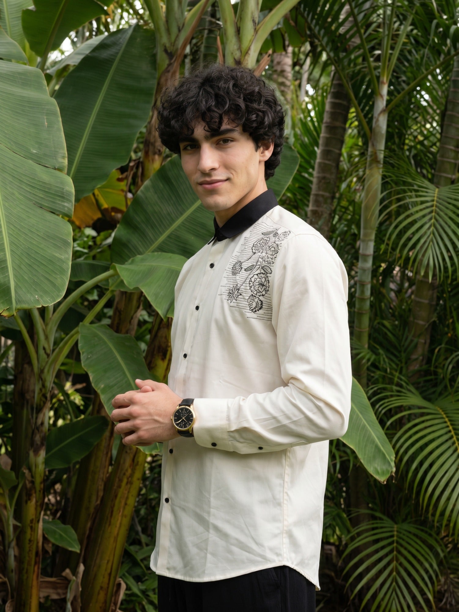 White Premium Floral Embroidered Cotton Slim Fit Shirt For Men