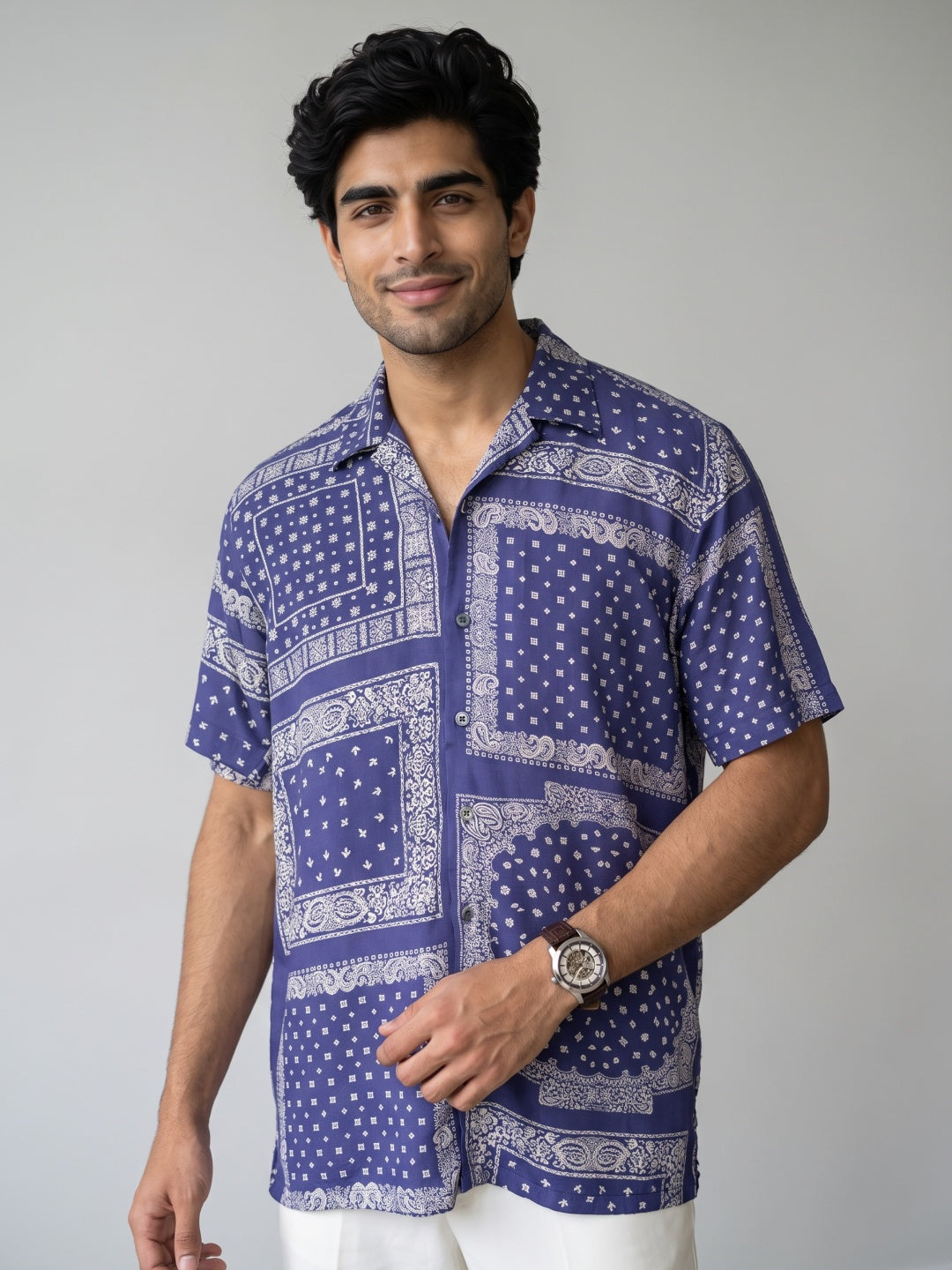 Royal Blue Bandana Printed Tencel Cuban Collar Shirt