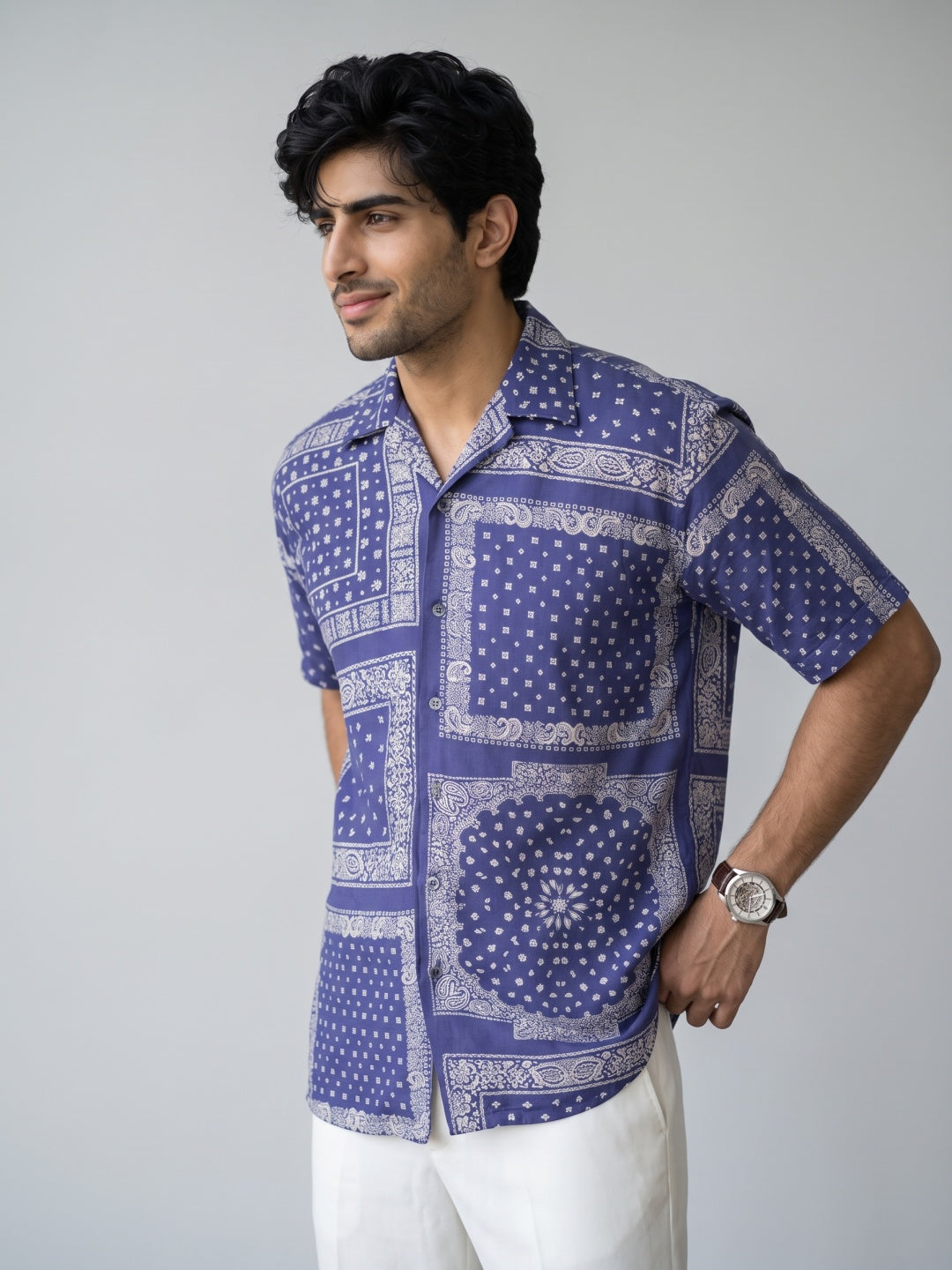 Royal Blue Bandana Printed Tencel Cuban Collar Shirt