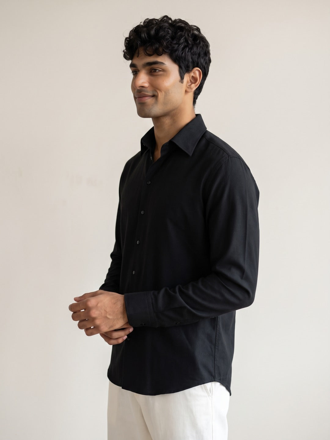 Black Thai Silk Slim Fit Plain Shirt