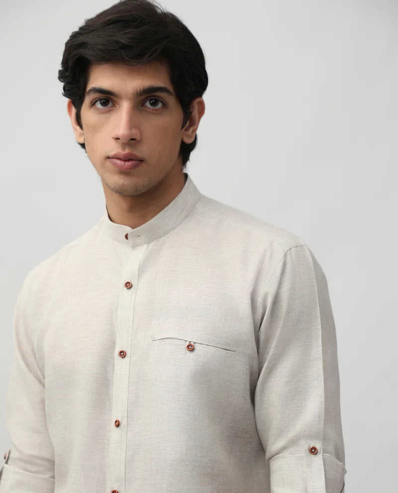 Natural Plain Linen Men's Premium Chinese Collar Branded Shirt