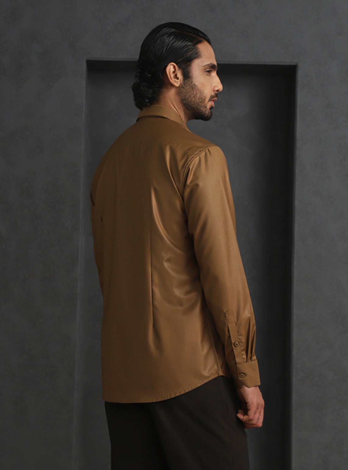 Light Brown Slim Fit Terry Rayon Shirt with Elegant Embroidery