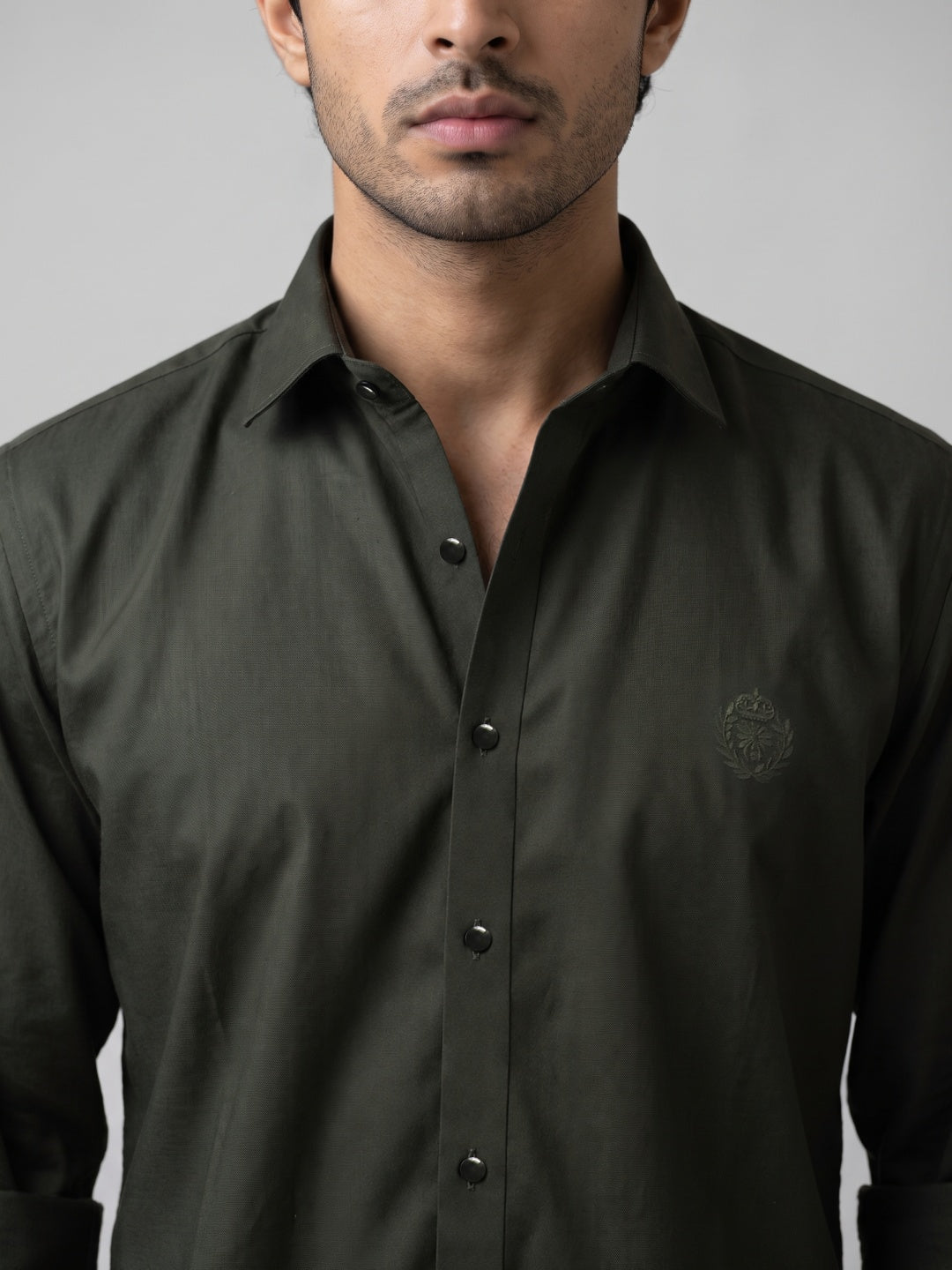 Green Terry Rayon Slim Fit Shirt with Embroidery