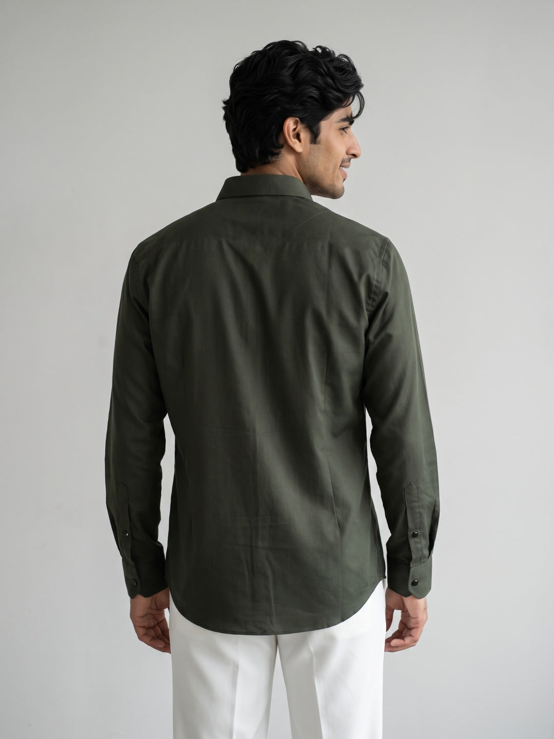 Green Terry Rayon Slim Fit Shirt with Embroidery