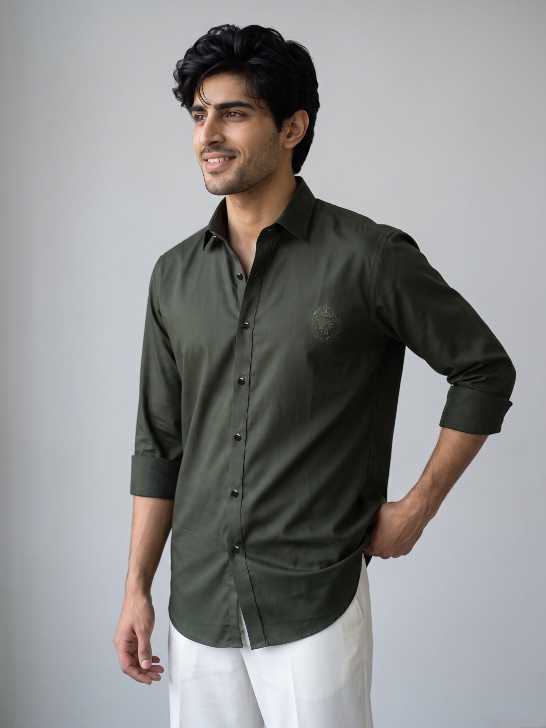 Green Terry Rayon Slim Fit Shirt with Embroidery
