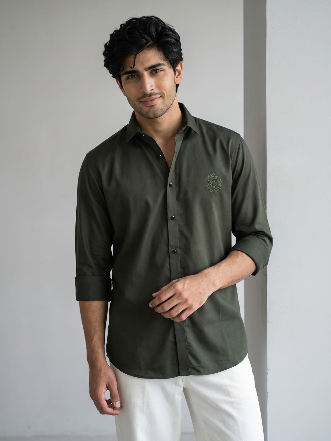 Green Terry Rayon Slim Fit Shirt with Embroidery