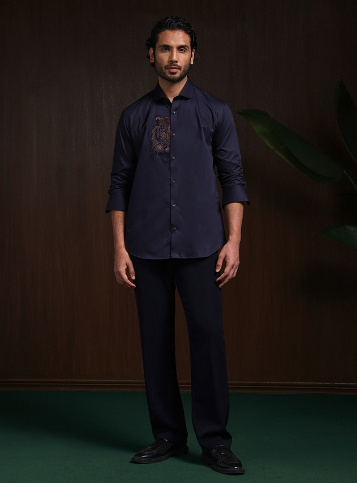 Navy Blue Motif Embroidered Premium Cotton Slim Fit Shirt