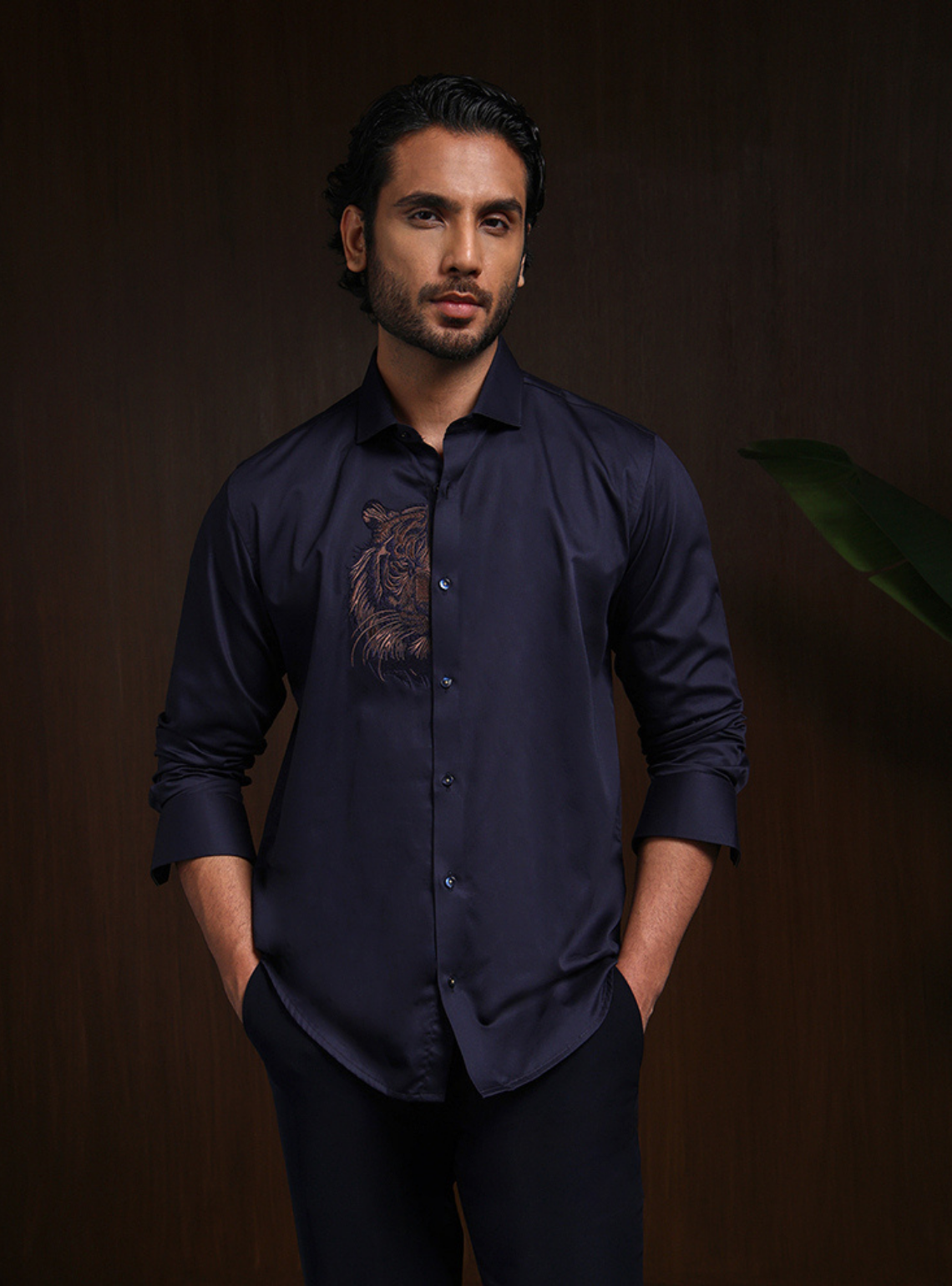 Navy Blue Motif Embroidered Premium Cotton Slim Fit Shirt