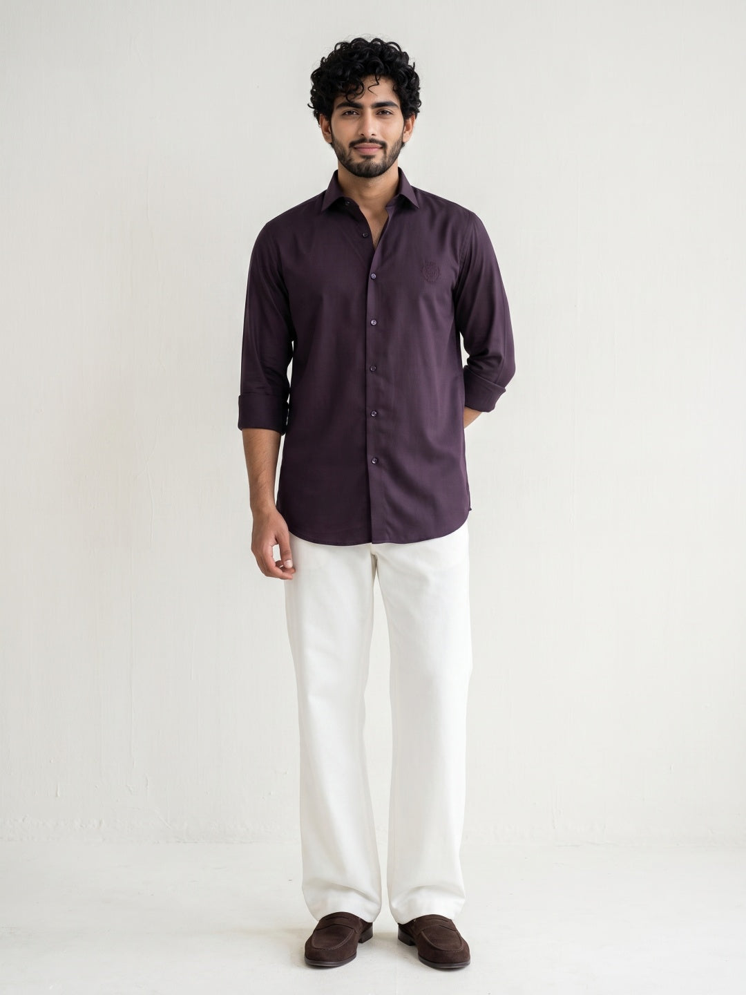 Wine Terry Rayon Slim Fit Shirt with Embroidery