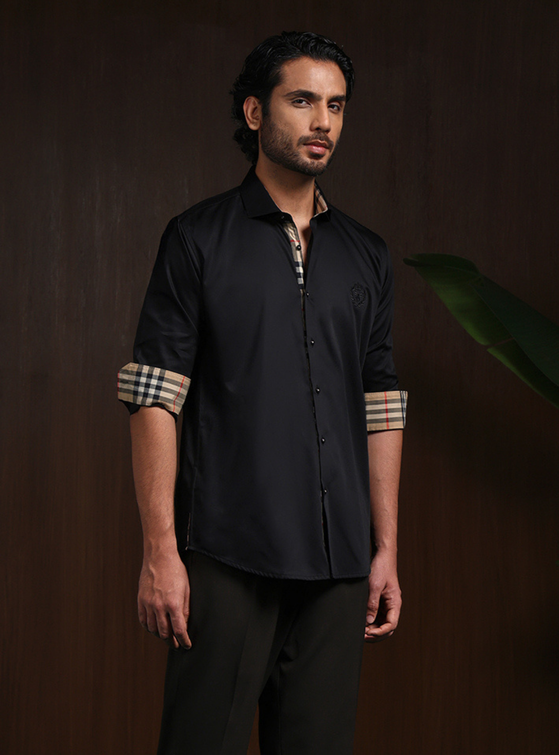 Black Slim Fit Cotton Shirt with Elegant Embroidery Detailing