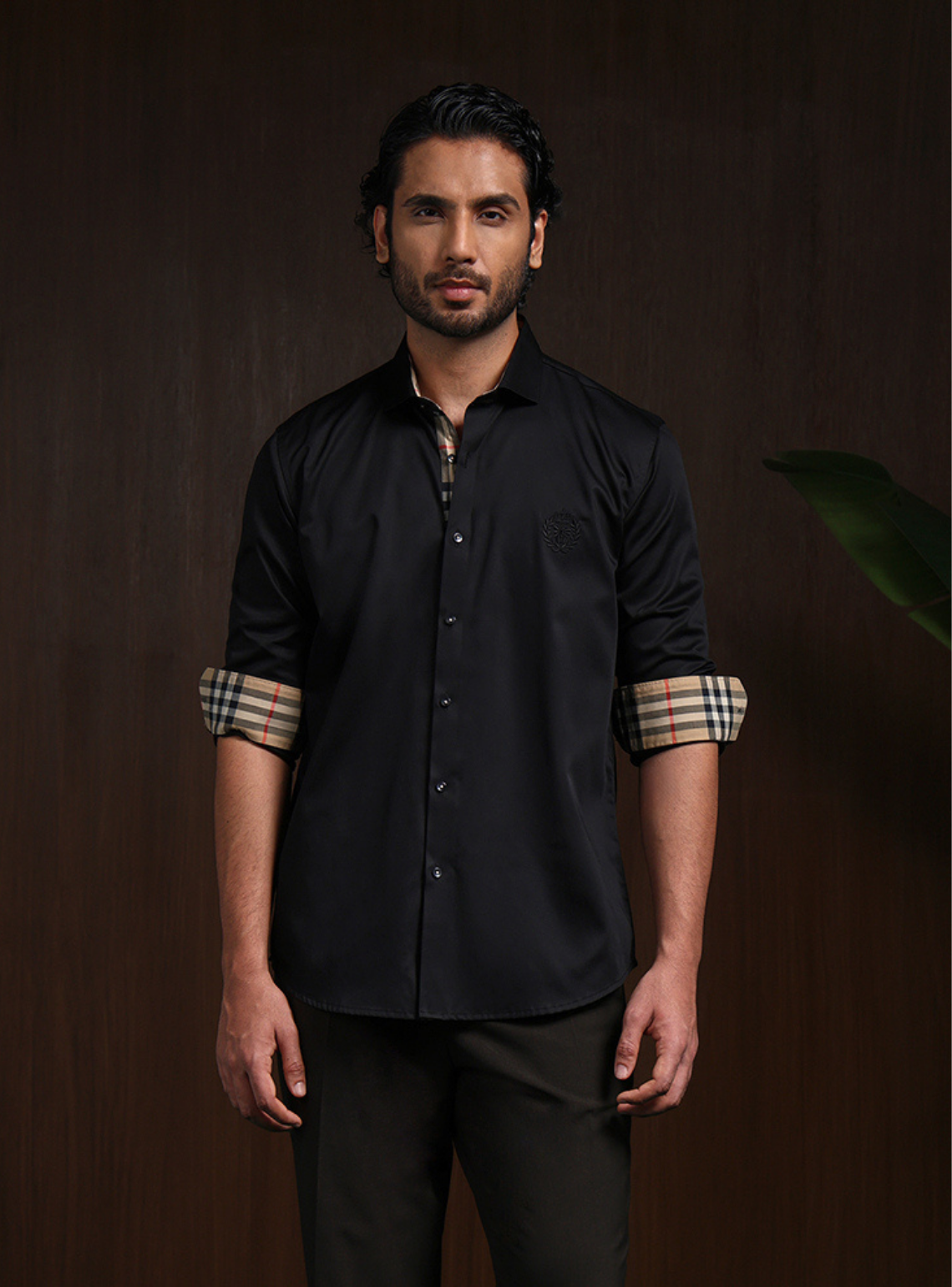 Black Slim Fit Cotton Shirt with Elegant Embroidery Detailing