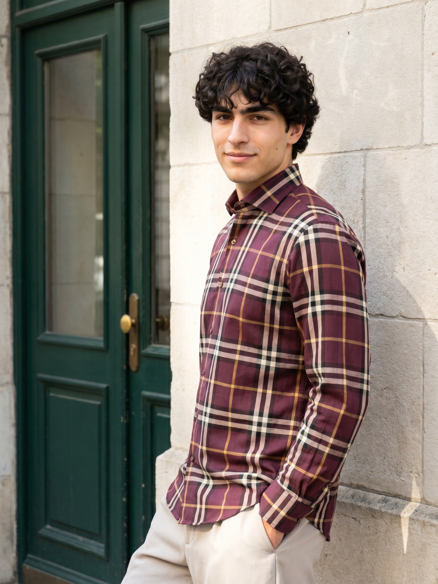 Wine Checks Cotton Slim Fit Shirt For Men