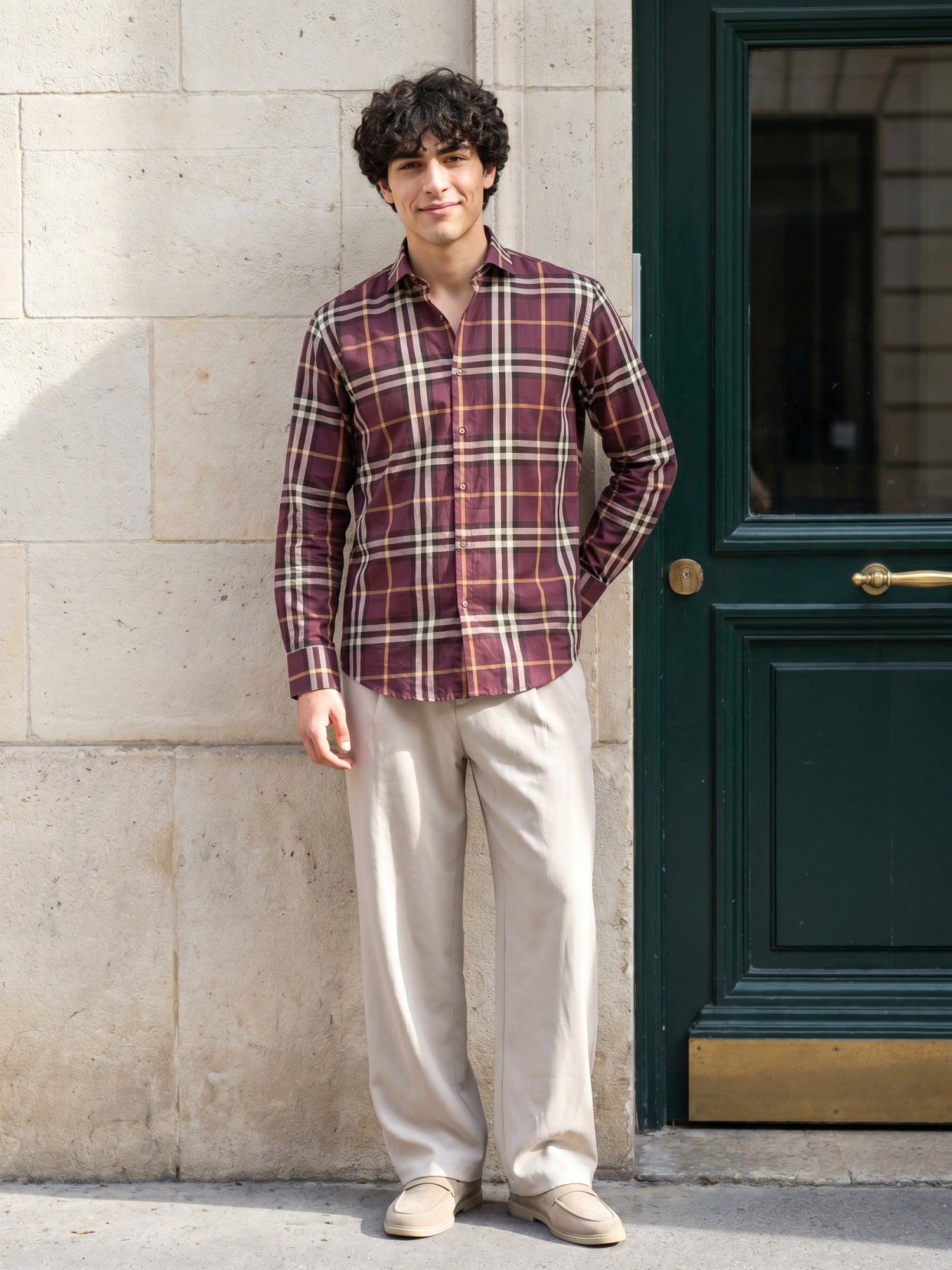 Wine Checks Cotton Slim Fit Shirt For Men