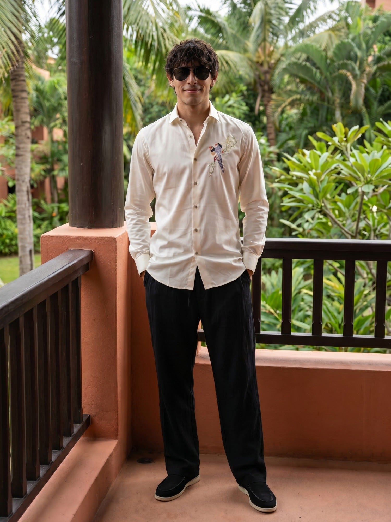 White Bird Embroidered Cotton Cutaway Collared Shirt For Men