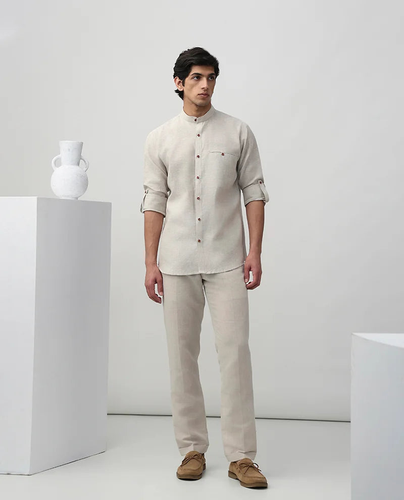 Natural Plain Linen Men's Premium Chinese Collar Branded Shirt