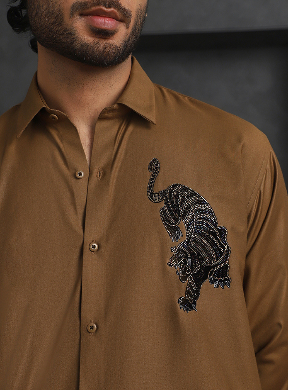 Light Brown Slim Fit Terry Rayon Shirt with Elegant Embroidery