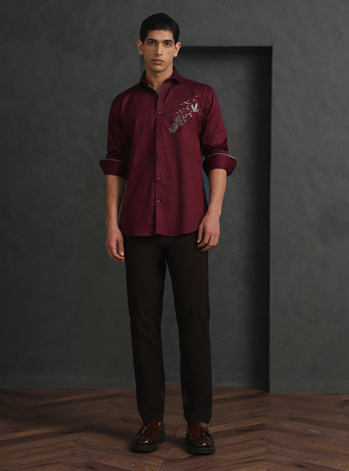 Maroon Slim Fit Cotton Shirt with Distinctive Embroideried Style