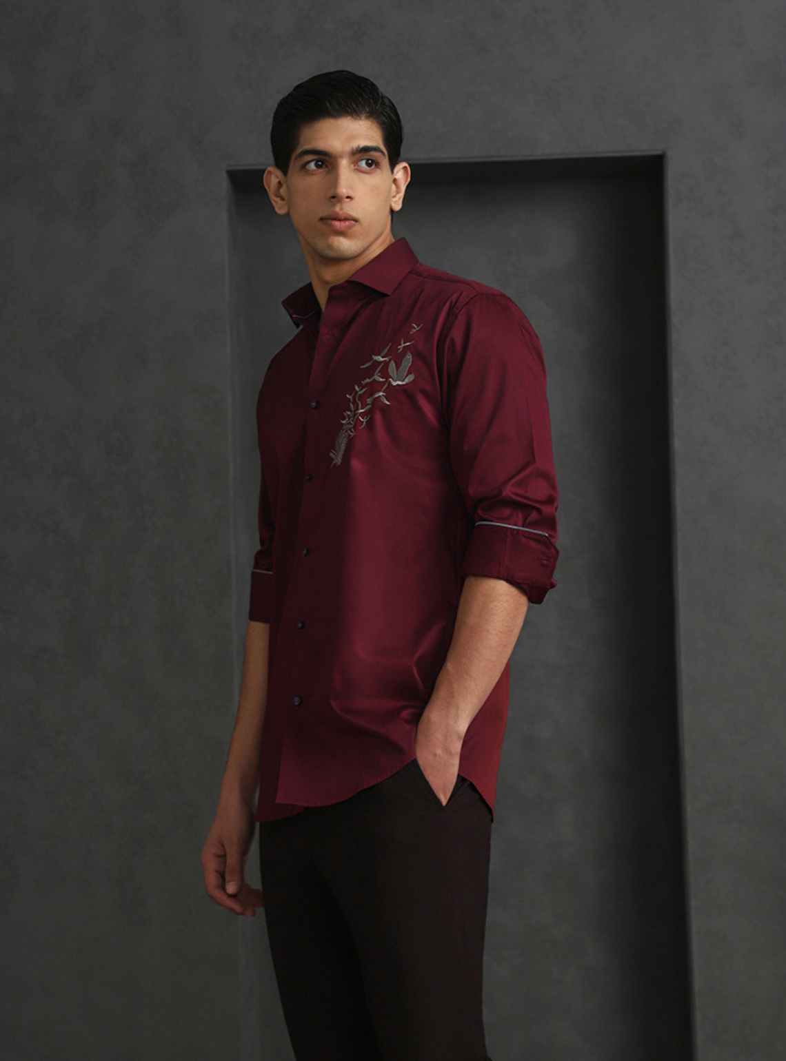 Maroon Slim Fit Cotton Shirt with Distinctive Embroideried Style
