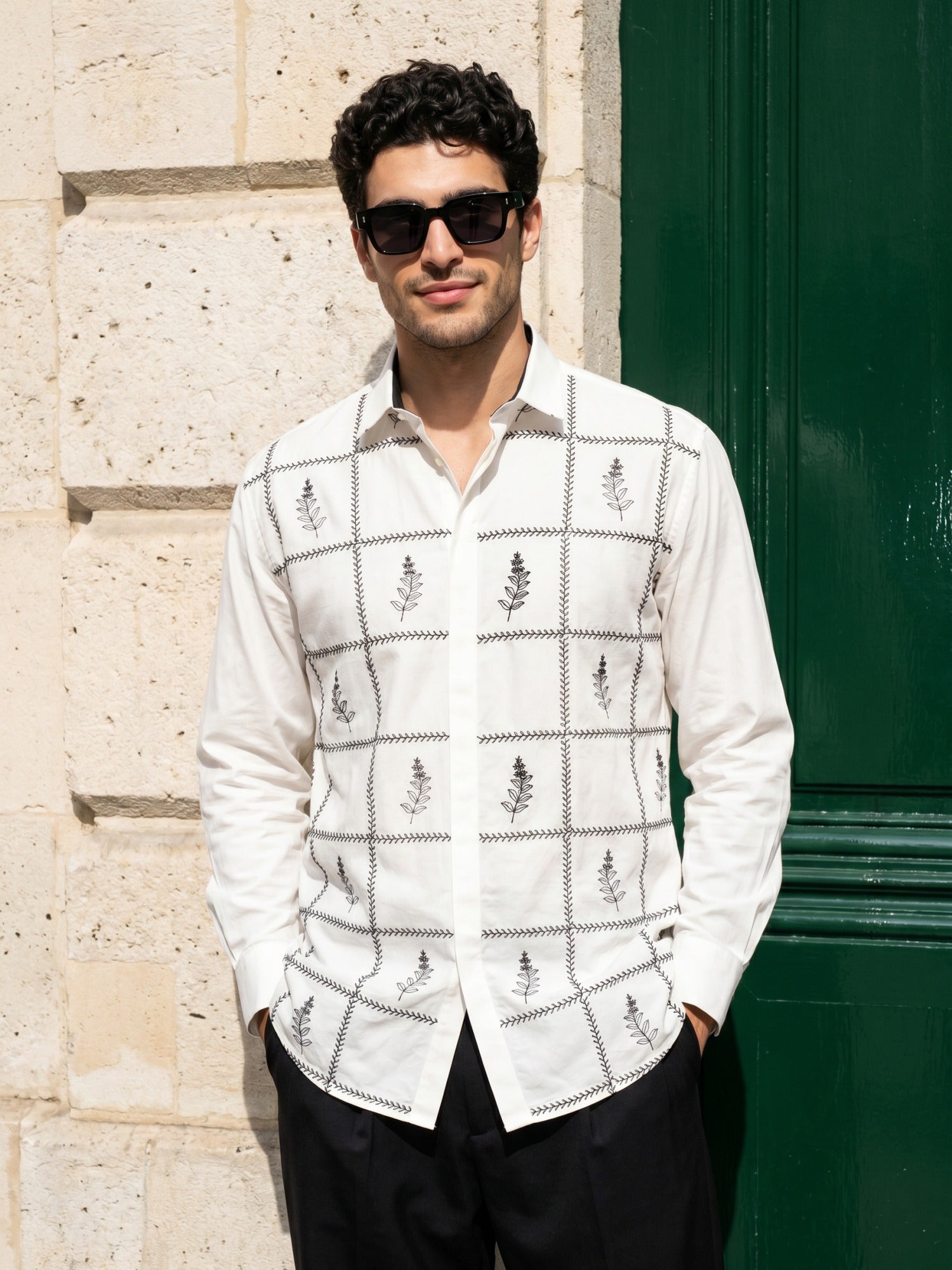 White Leaf Embroidered Cotton Slim Fit Shirt For Men
