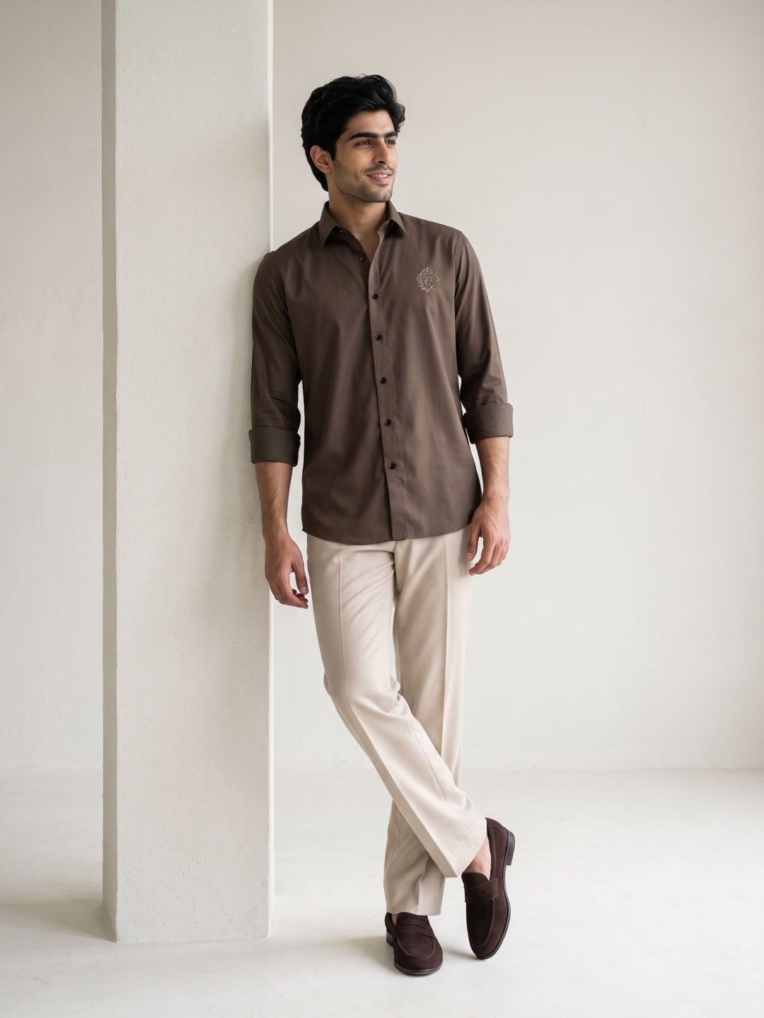 Brown Terry Rayon Slim Fit Shirt with Embroidery