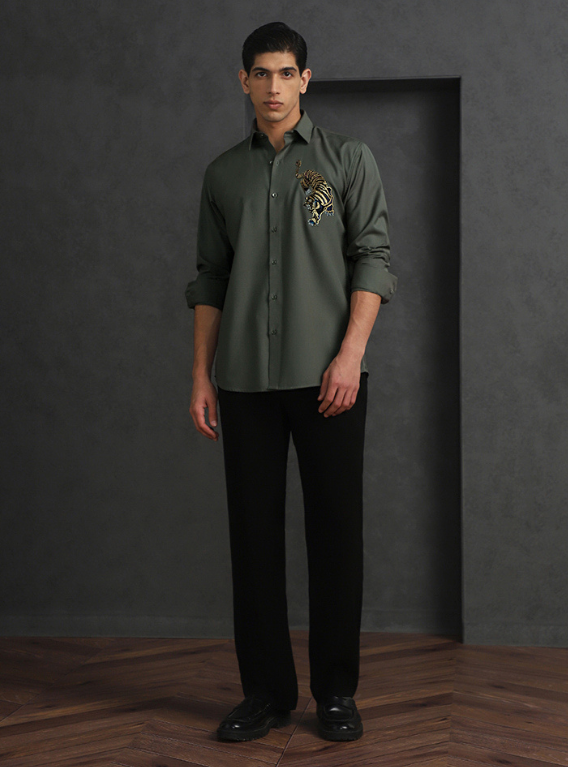 Olive Slim Fit Terry Rayon Shirt with Sophisticated Embroidery