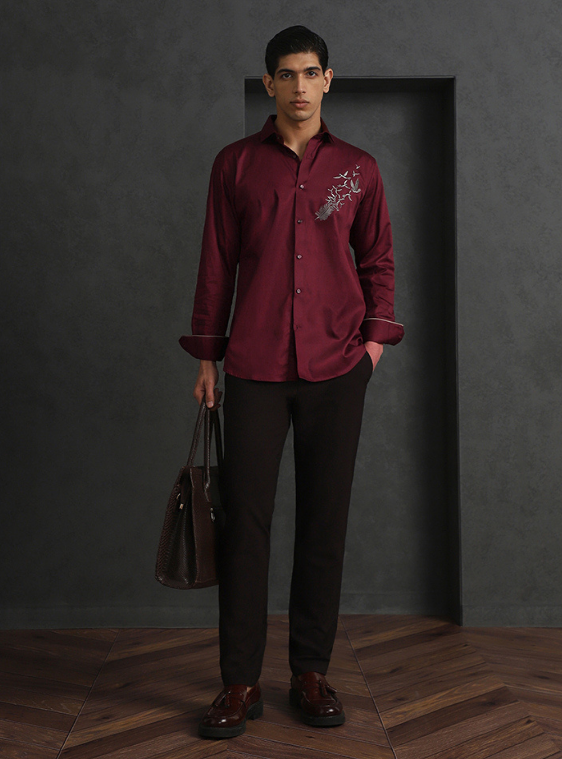 Maroon Slim Fit Cotton Shirt with Distinctive Embroideried Style